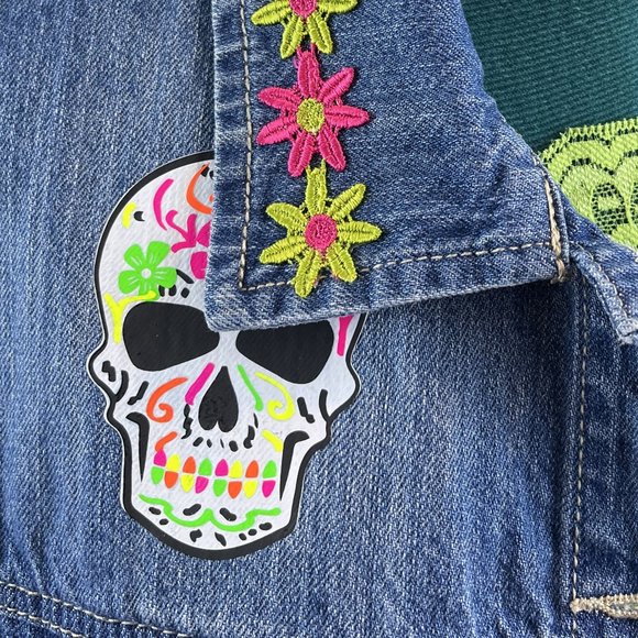 Distressed Denim Vest - One of A Kind - Customized with Day of the Dead Skulls - Picture 5 of 13